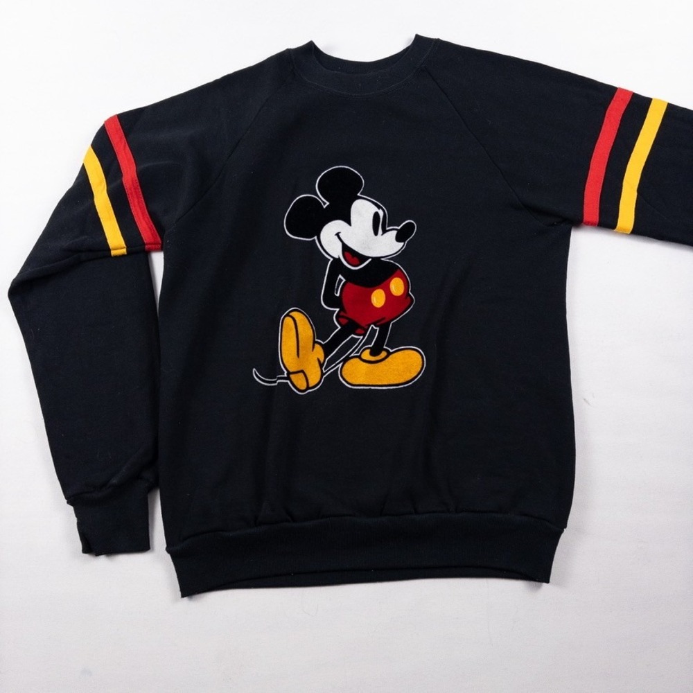 Disney Mickey Mouse Sweatshirt Unisex Medium Black 80s Felt Raglan Vintage Retro